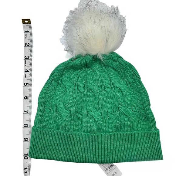 Talbots | Women | Solid Green Cable Knit Pom Pom Beanie Hat One Size - Picture 7 of 8